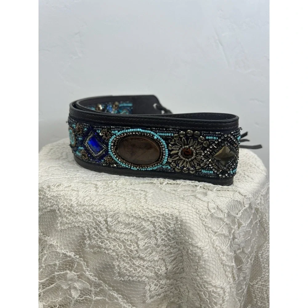 Beaded Faux Leather Embellished Fringe Tie Belt Southwestern Boho Festival OS